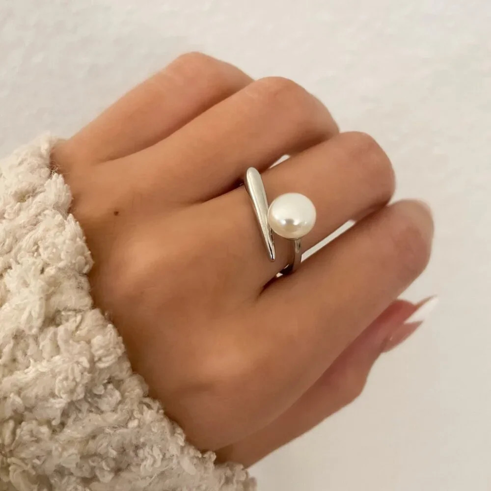 925 Sterling Silver Pearl Ring Bar Ring Minimalist Dainty Ring Pearl Accent Ring